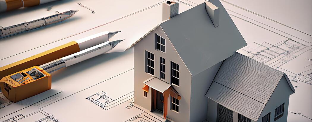 Architectural model of a house on construction plans